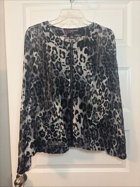 VTG Peck & Peck gray snow leopard pleated jacket SZ XL sheer mesh front zipper